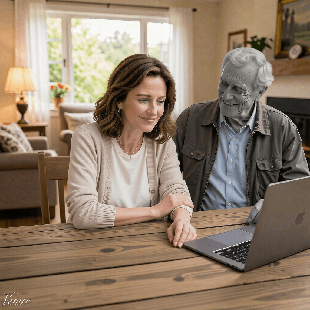 Anna sitting together with the spirit of her passed father, a wallet prepared with love and care.